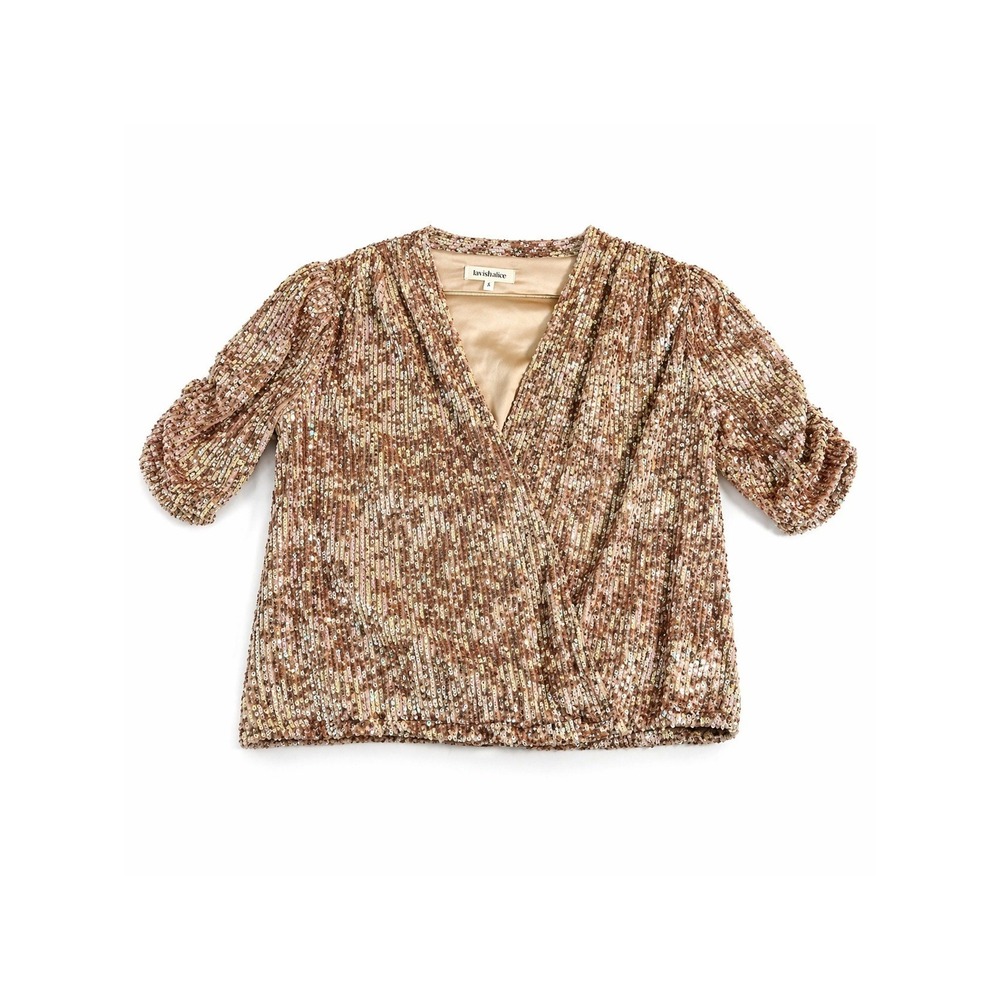 Heartloom Rose‎ Gold Sequin Wrap Top Short Sleeve V-Neck Blouse Small 219a25a